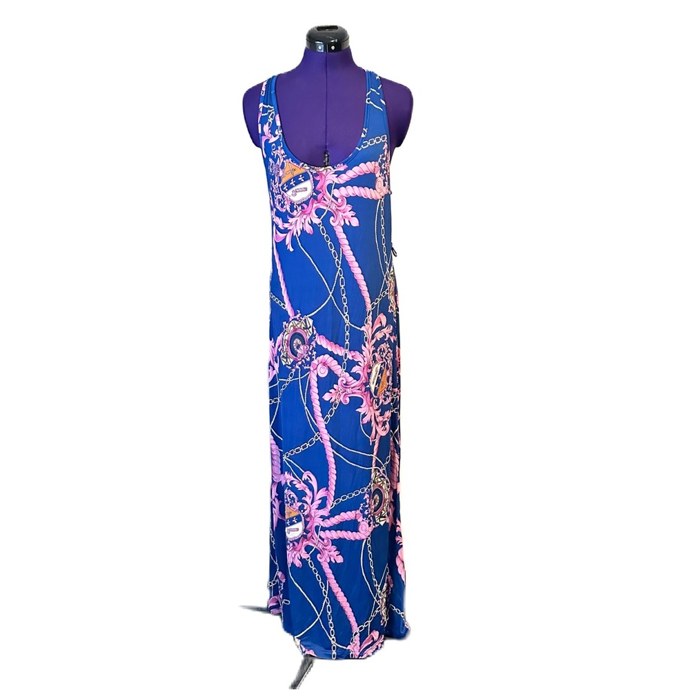 Blue and Purple Filigree Patterned Short Sleeve Maxi Dress